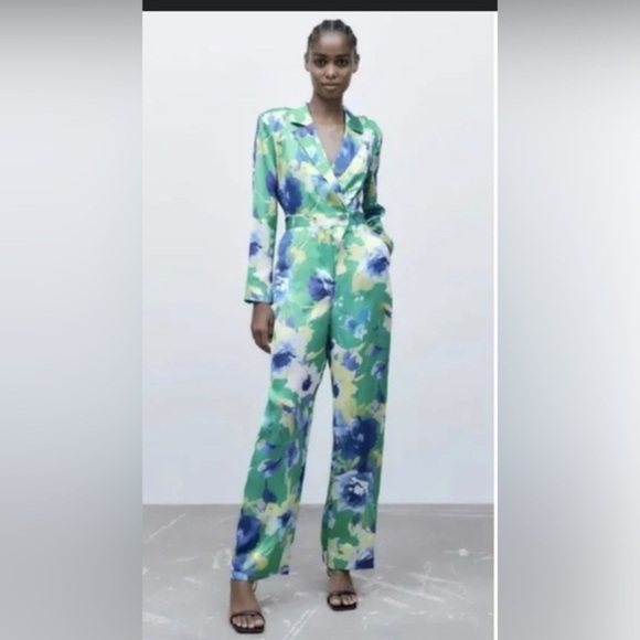 ZARA blue green multi Floral Print Long Sleeve satin‎ effect Jumpsuit size small - Picture 1 of 6